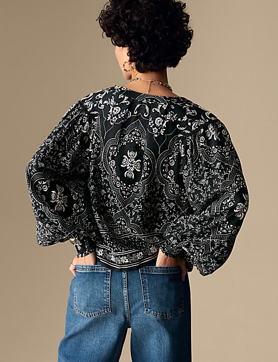 Printed V-Neck Blouson Sleeve Top