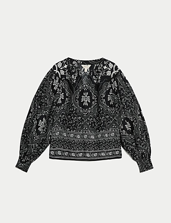 Printed V-Neck Blouson Sleeve Top