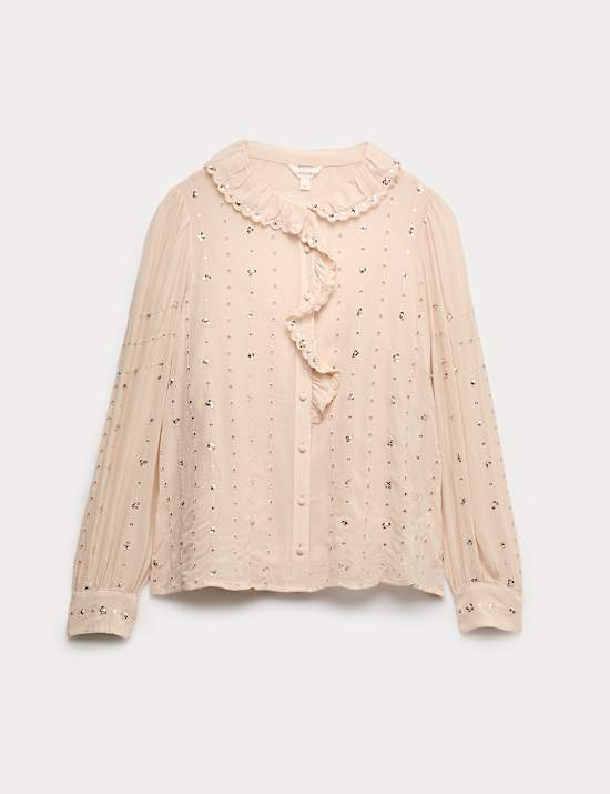 Sheer Sequin Ruffle Shirt