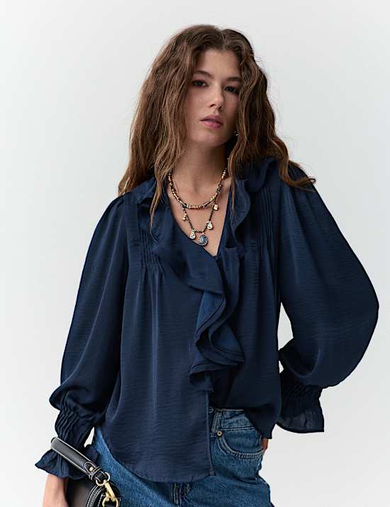 V-Neck Ruffle Pintuck Blouse