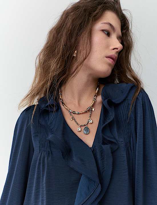 V-Neck Ruffle Pintuck Blouse