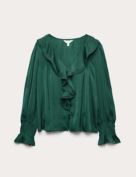 V-Neck Ruffle Pintuck Blouse