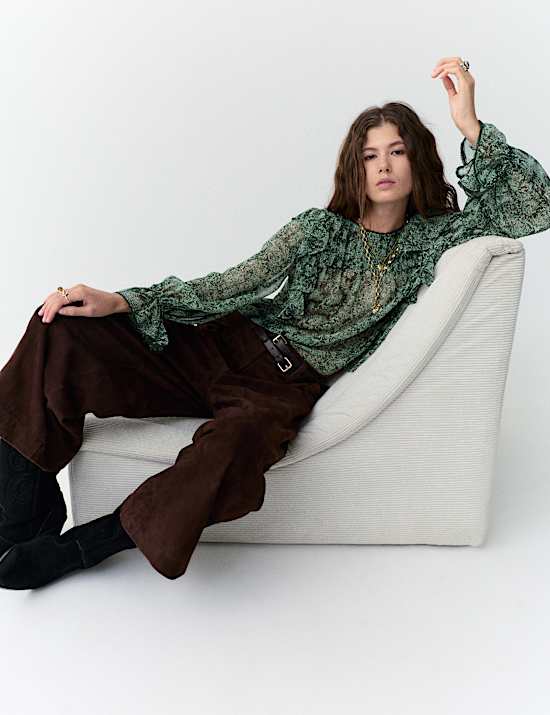 Sheer Printed Ruffle Blouse