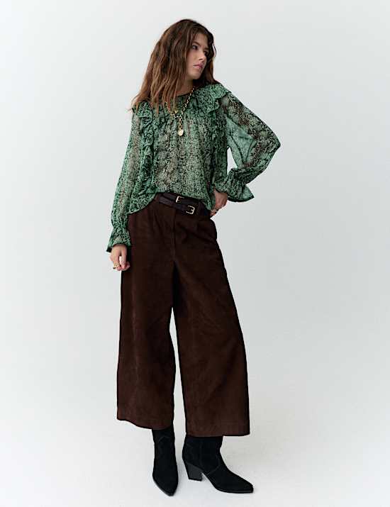 Sheer Printed Ruffle Blouse