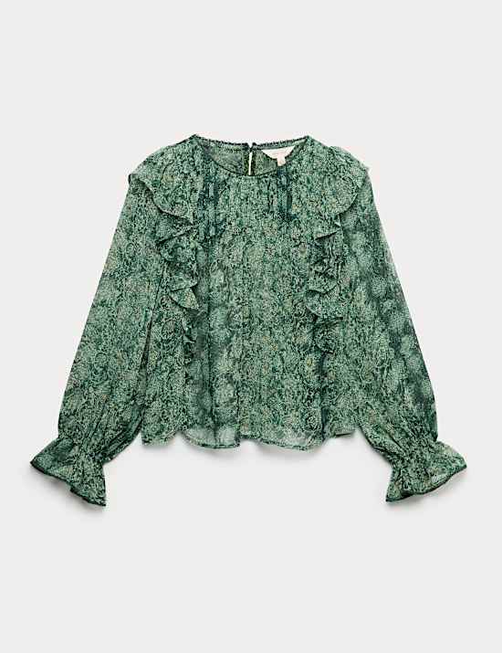Sheer Printed Ruffle Blouse