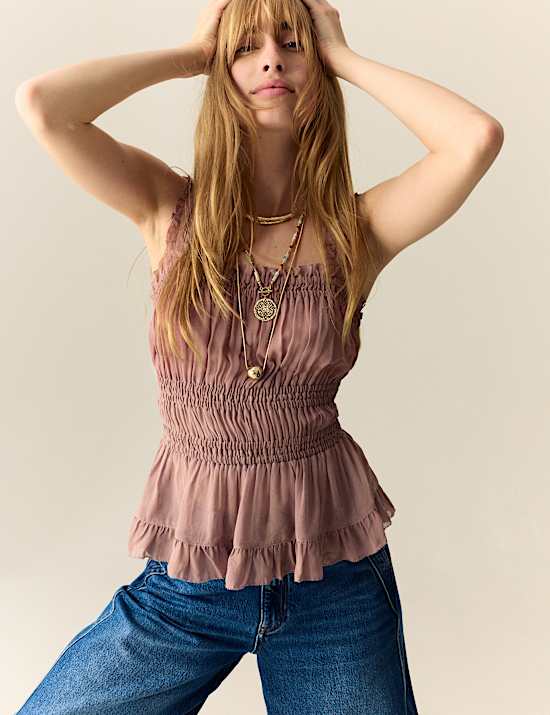 Sheer Shirred Ruffle Cami Top