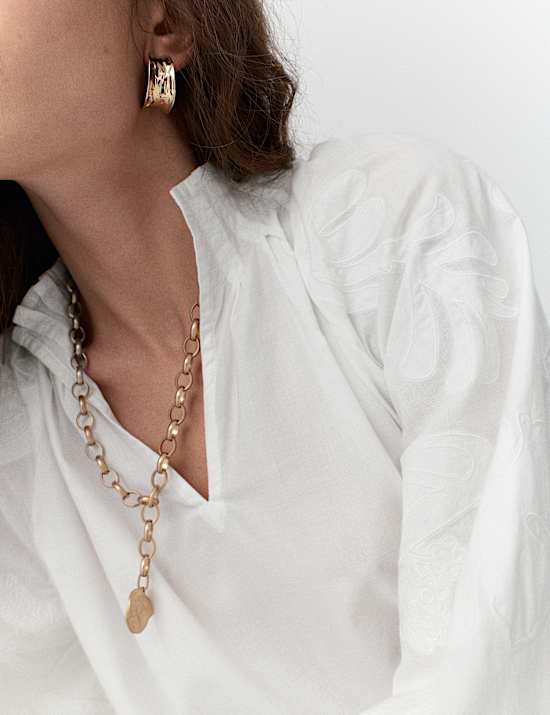 Pure Cotton V-Neck Cornelli Sleeve Blouse