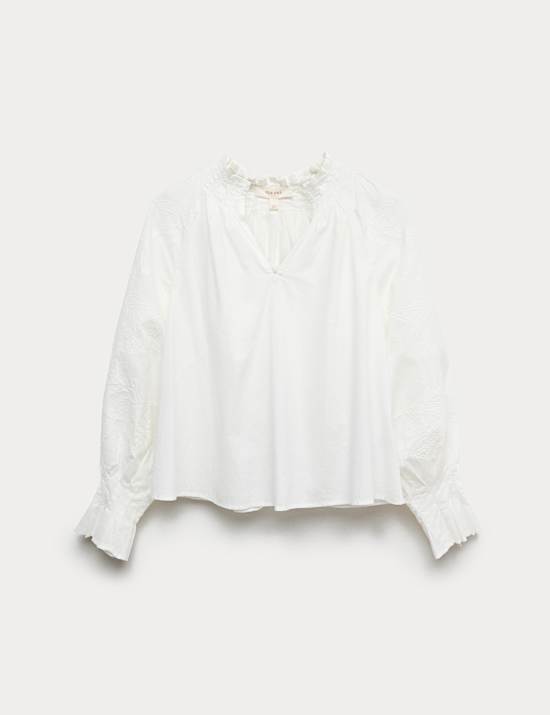 Pure Cotton V-Neck Cornelli Sleeve Blouse