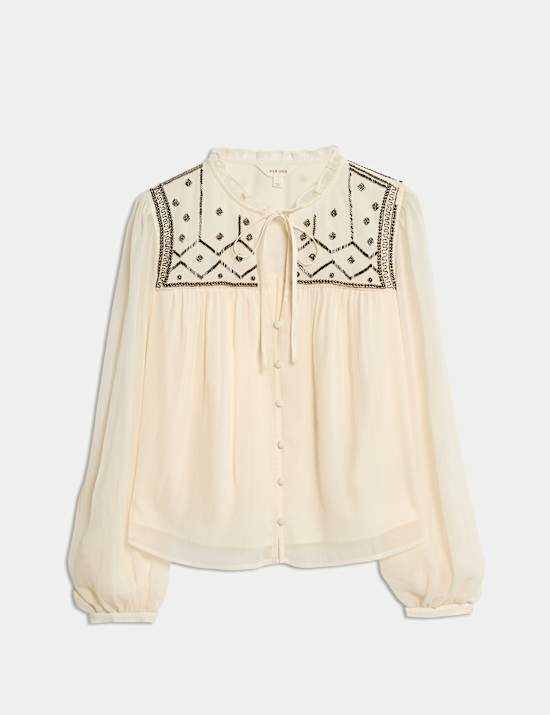 Perlenverzierte Bluse mit Blousonärmeln und Bindekragen