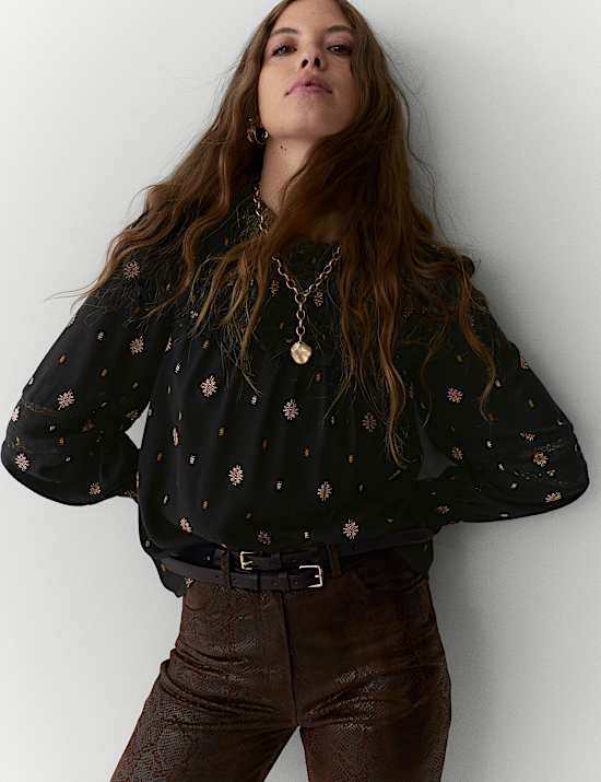 Jacquard Metallic Shirred Yoke Blouse