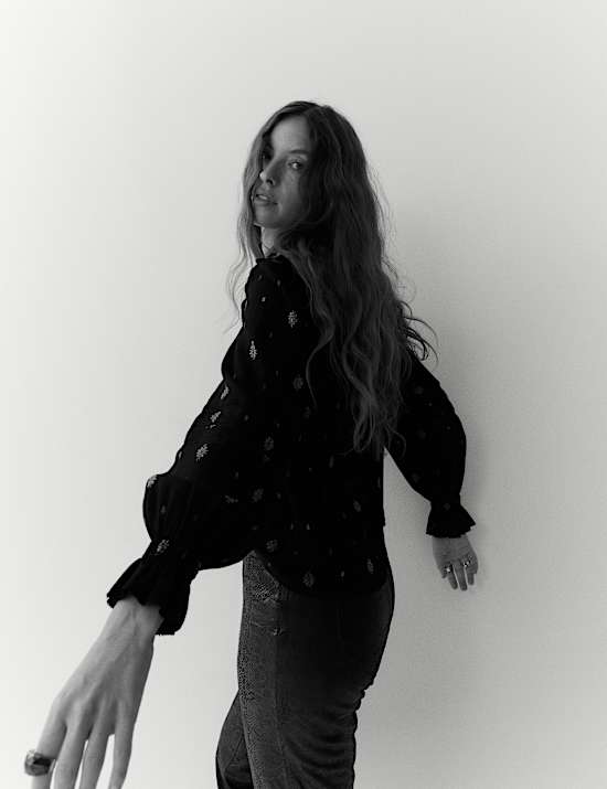 Jacquard Metallic Shirred Yoke Blouse