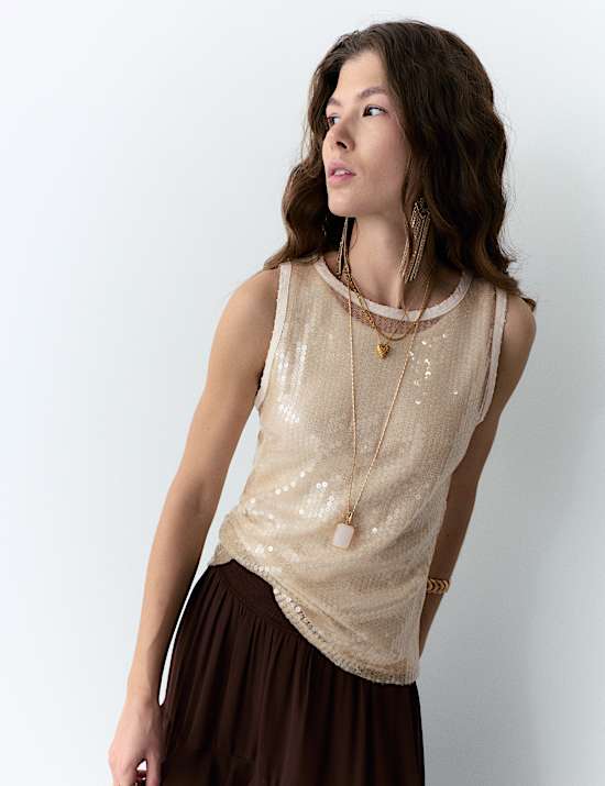 Sheer Sequin Embellished Fitted Vest with Rib Top
