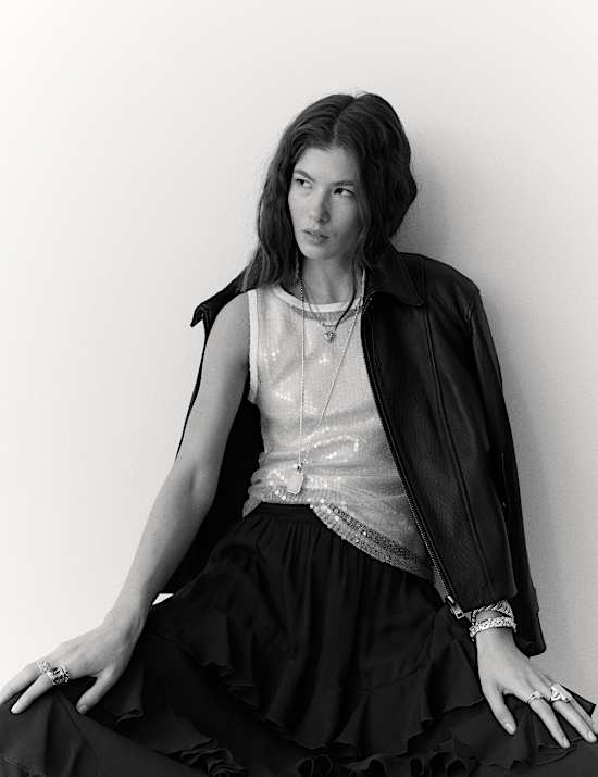 Sheer Sequin Embellished Fitted Vest with Rib Top