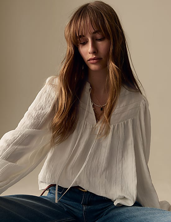 Textured Tie Neck Blouson Sleeve Blouse