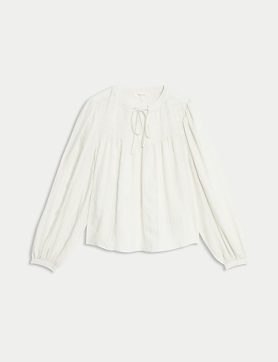 Textured Tie Neck Blouson Sleeve Blouse