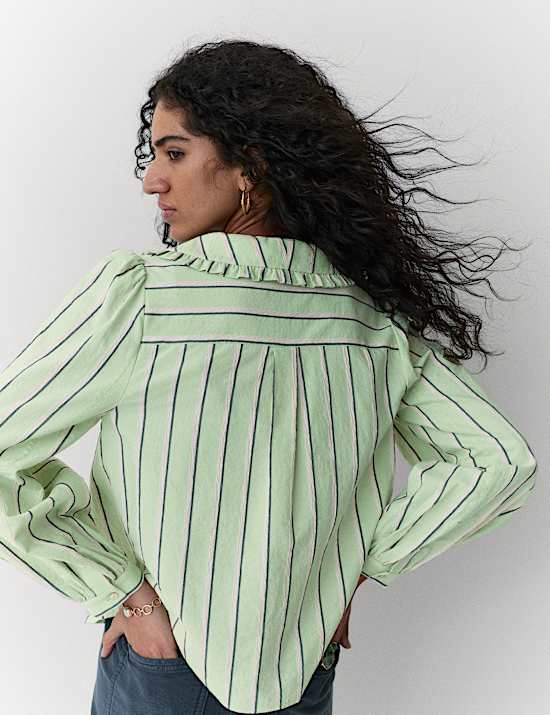 Cotton Blend Striped Frill Collar Shirt
