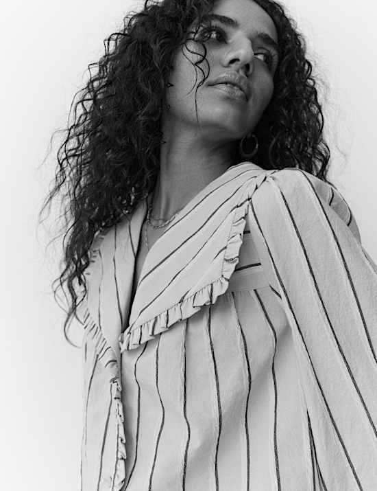 Cotton Blend Striped Frill Collar Shirt