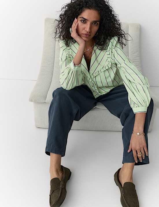 Cotton Blend Striped Frill Collar Shirt