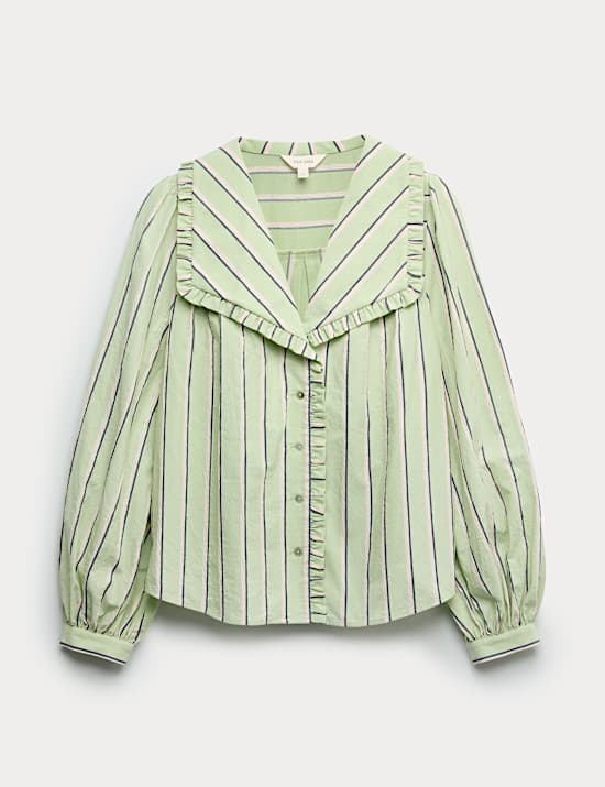 Cotton Blend Striped Frill Collar Shirt