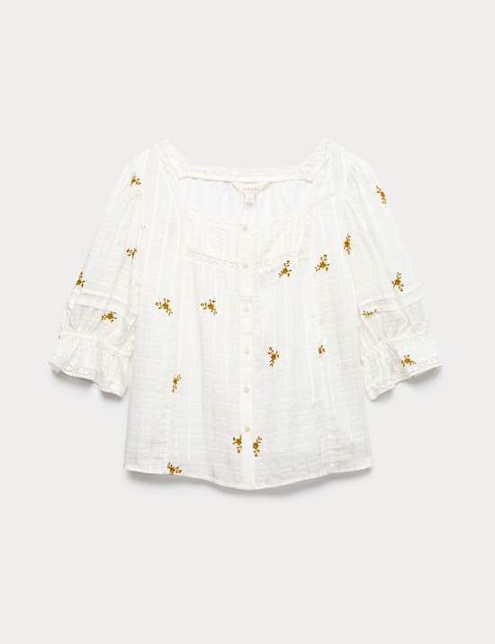 Cotton Rich Embroidered Square Neck Lace Detail Blouse