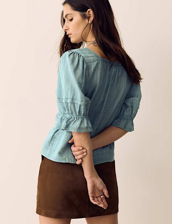 Cotton Rich Embroidered Square Neck Lace Detail Blouse