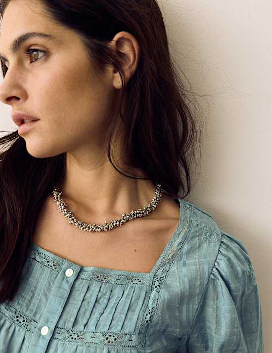 Cotton Rich Embroidered Square Neck Lace Detail Blouse