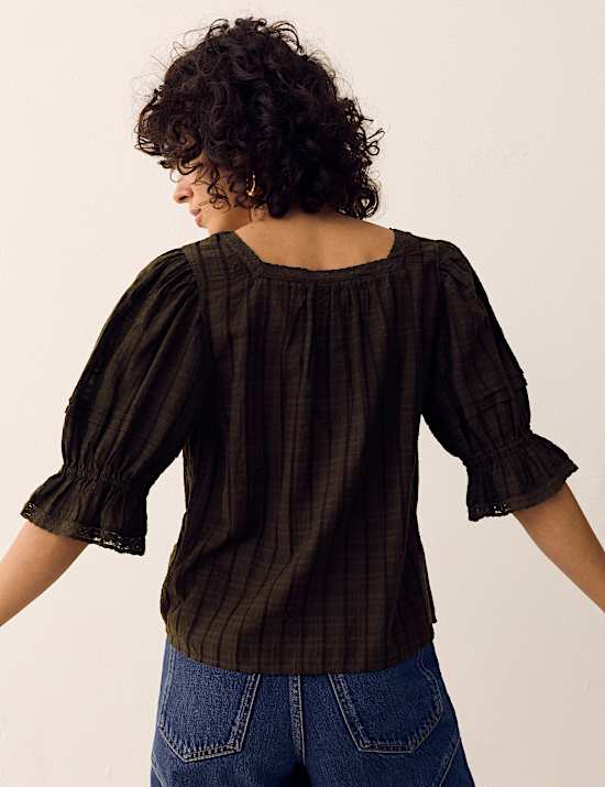 Cotton Rich Embroidered Square Neck Lace Detail Blouse