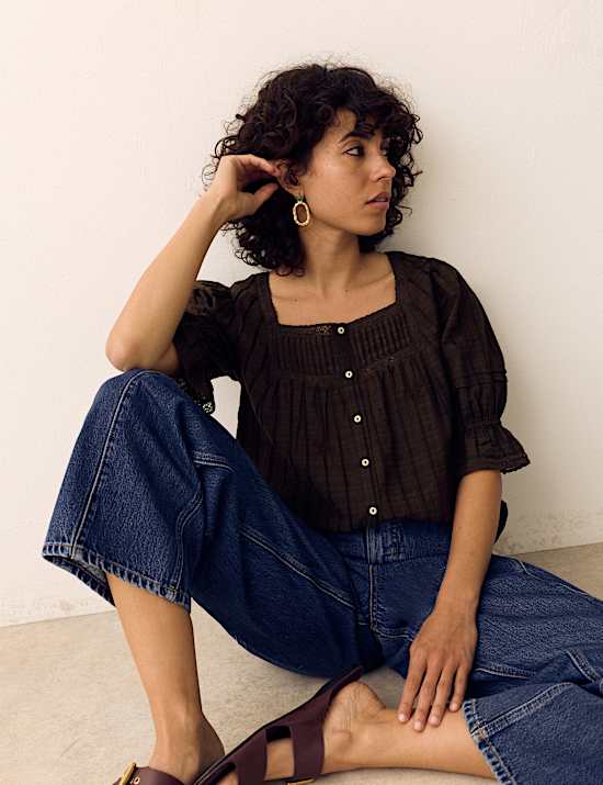 Cotton Rich Embroidered Square Neck Lace Detail Blouse