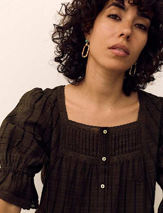 Cotton Rich Embroidered Square Neck Lace Detail Blouse