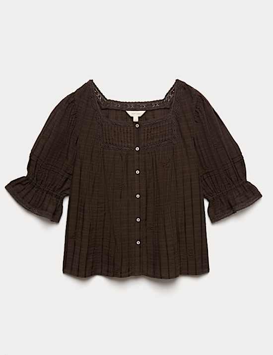 Bestickte Bluse mit hohem Baumwollanteil, eckigem Ausschnitt und Spitzendetail