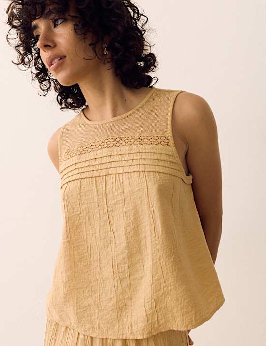 Lace Insert Mesh Yoke Sleeveless Top