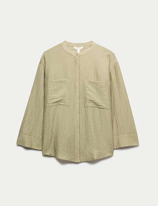 Lyocell Textured Collarless Utility Shirt