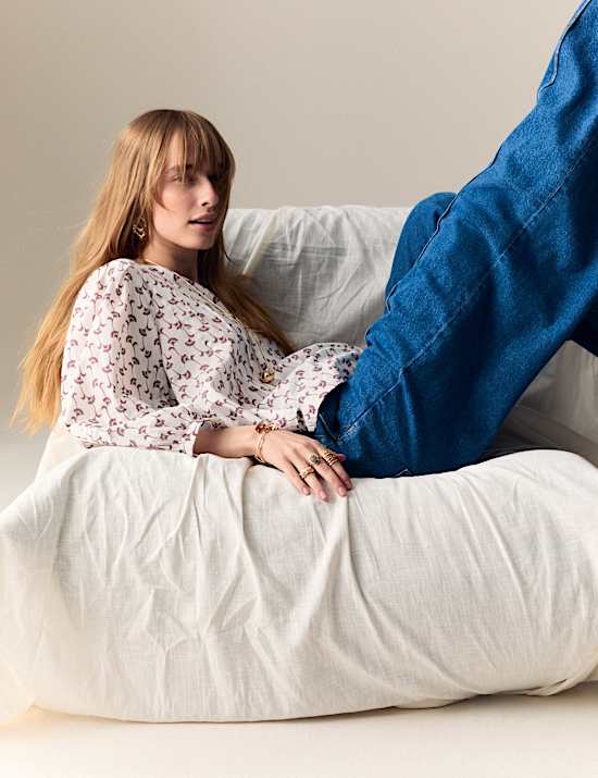 Pure Cotton Printed V-Neck Pintuck Blouse