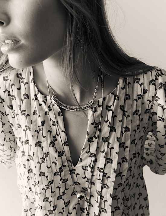 Pure Cotton Printed V-Neck Pintuck Blouse