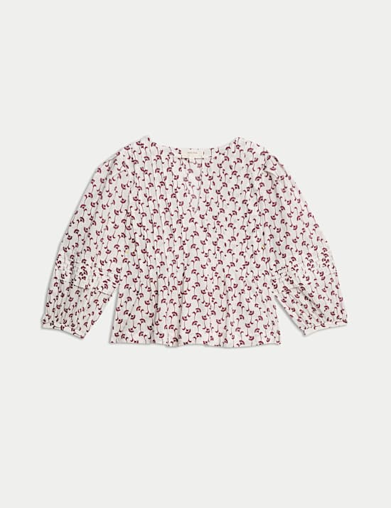 Pure Cotton Printed V-Neck Pintuck Blouse