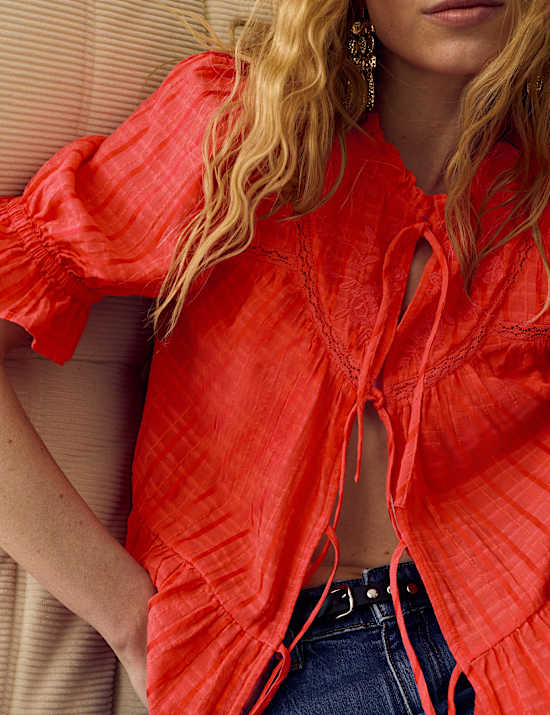 Cotton Rich Embroidered Yoke Tie Neck Blouse