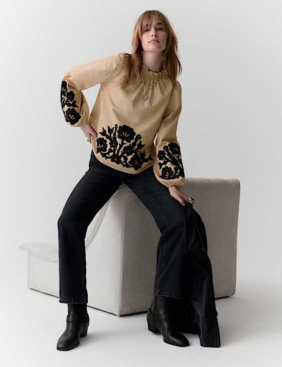 Pure Cotton Contrast Applique Blouse