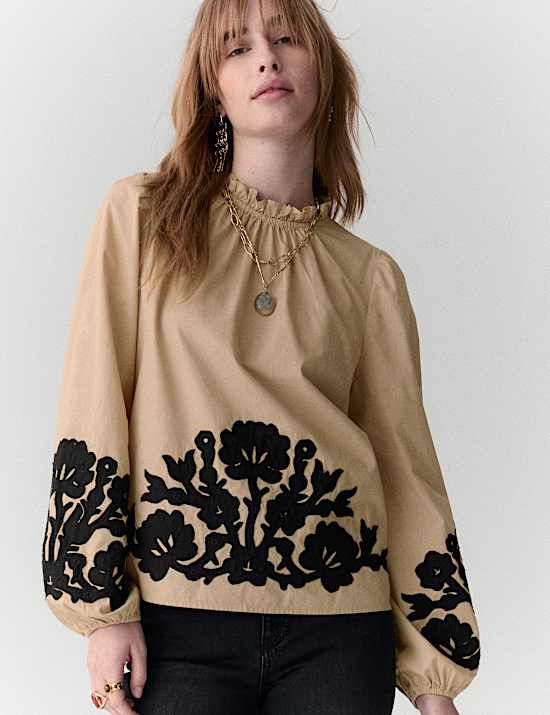 Pure Cotton Contrast Applique Blouse