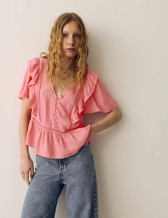 Double Cloth Floral Insert Ruffle Blouse