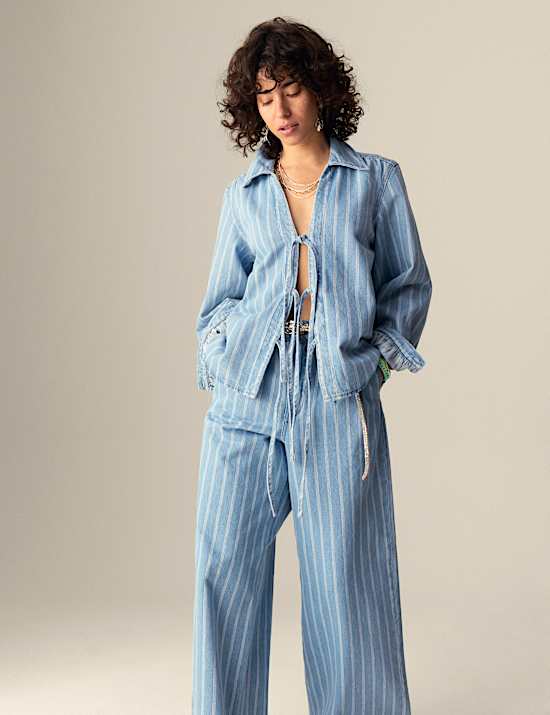 Pure Cotton Striped Tie Front Shacket