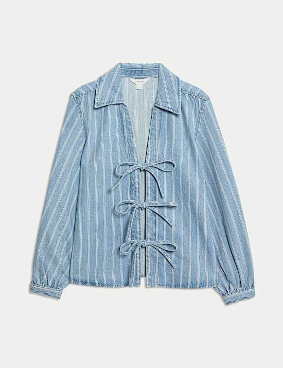 Pure Cotton Striped Tie Front Shacket