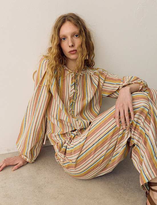 Pure Cotton Striped Blouson Sleeve Blouse