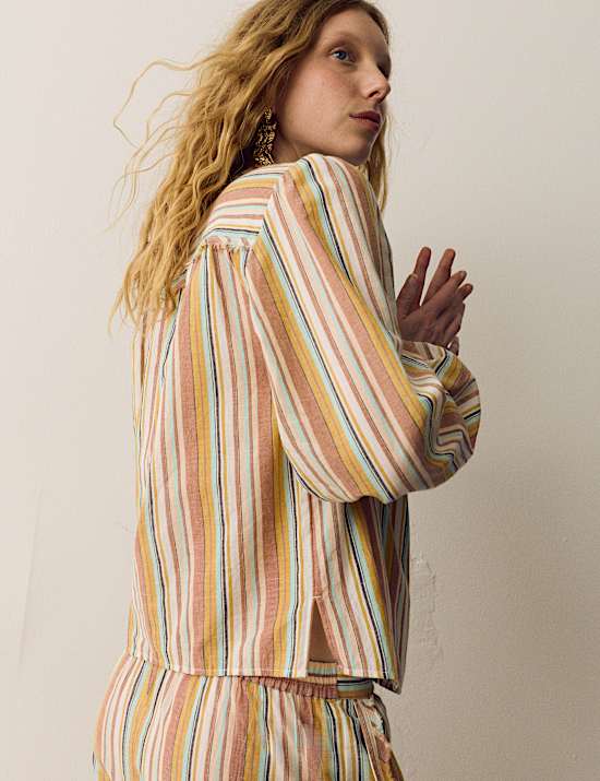 Pure Cotton Striped Blouson Sleeve Blouse
