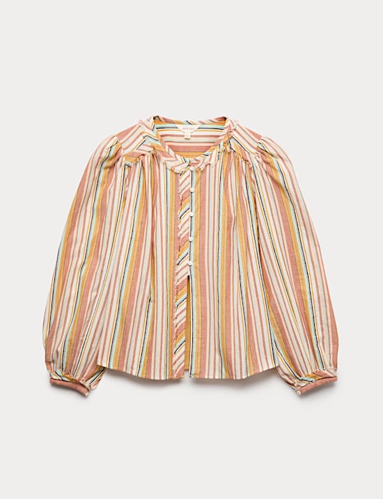 Pure Cotton Striped Blouson Sleeve Blouse
