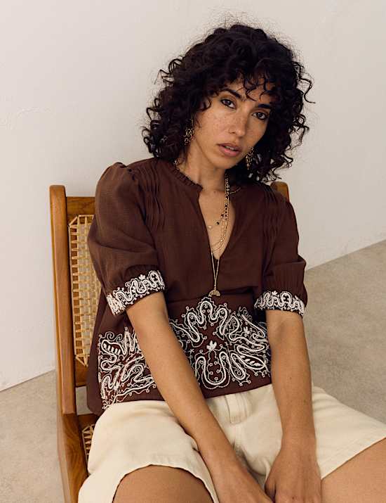 Lyocell Rich Embroidered Notch Neck Blouse