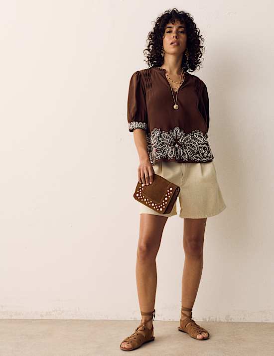 Lyocell Rich Embroidered Notch Neck Blouse