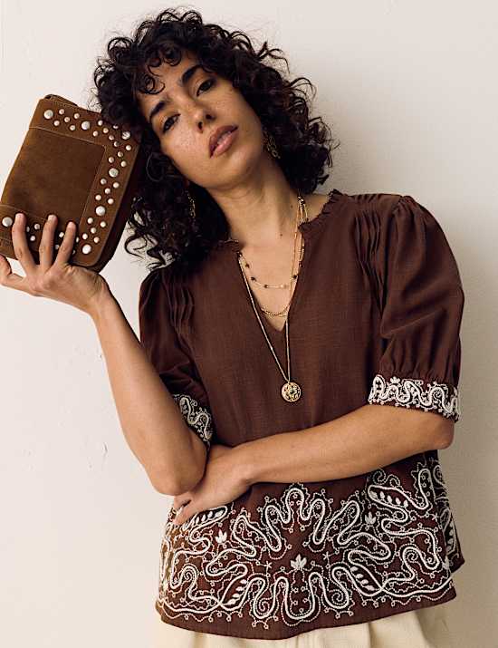 Lyocell Rich Embroidered Notch Neck Blouse