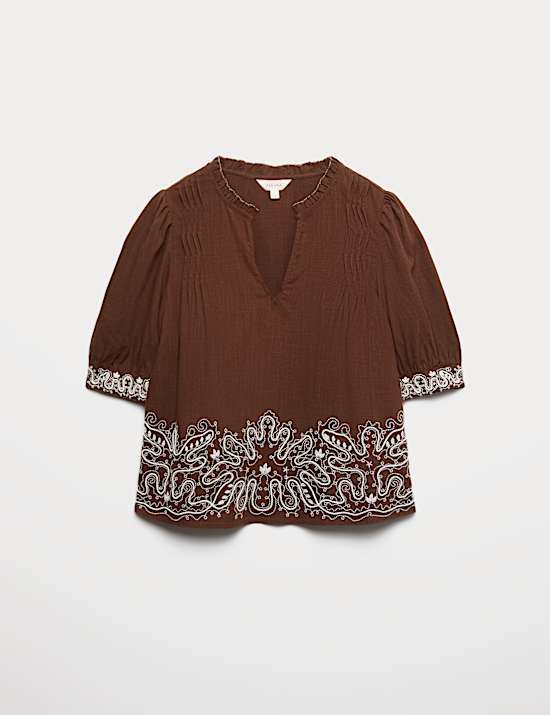 Lyocell Rich Embroidered Notch Neck Blouse