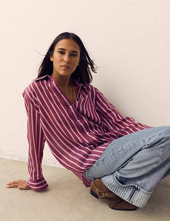 Lyocell Rich Striped Collared Relaxed Shirt