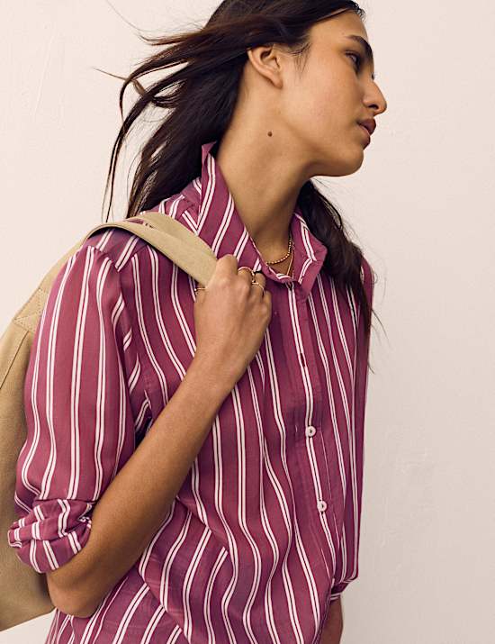 Lyocell Rich Striped Collared Relaxed Shirt
